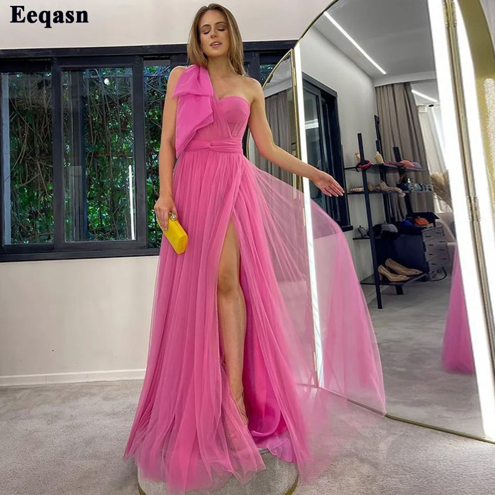 Eeqasn Saudi Arabië Tulle Beach Avondjurken 2022 Hoge Split Een Schouder Formele Celebrity Wedding Party Dress Avondjurken