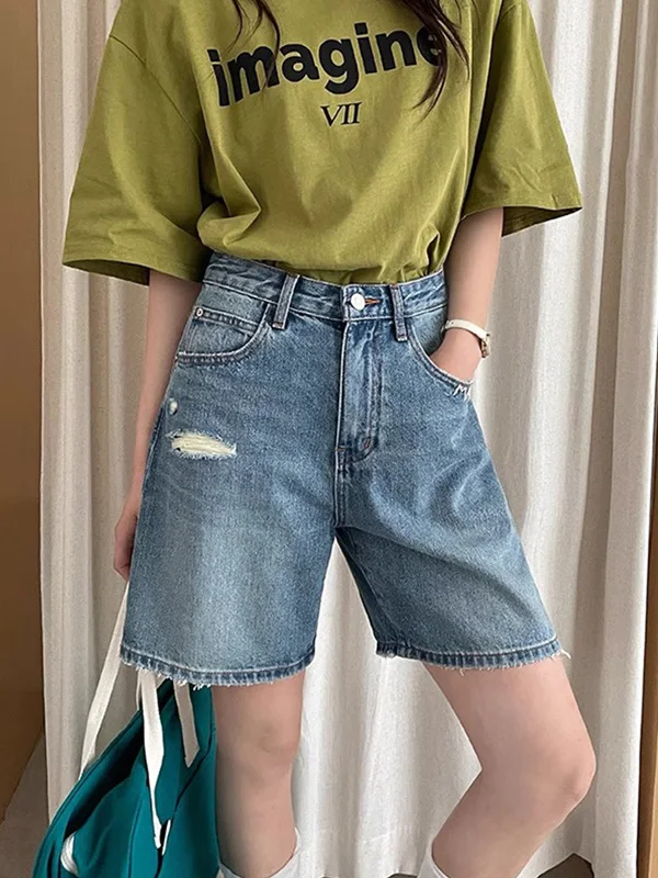 

Летние новые винтажные рваные джинсы прямого кроя для женщин, с высокой талией, свободные, больших размеров, узкие, широкие, длиной до колена, повседневные