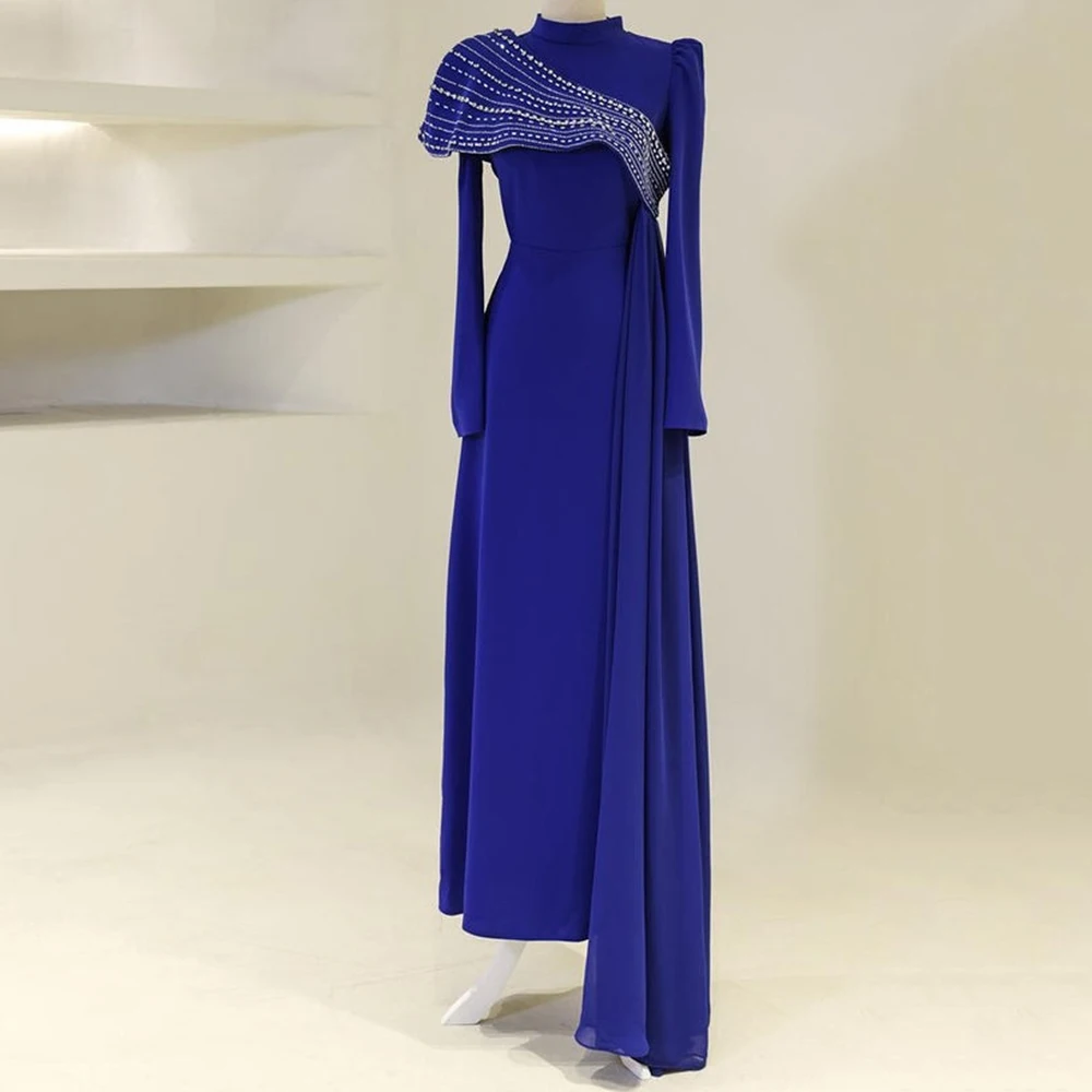 

Customized A-line Evening Dresses Floor-length High-neck Full Sleeve Prom Gown Fashion Crystal Stole Simple Draped Party Gown