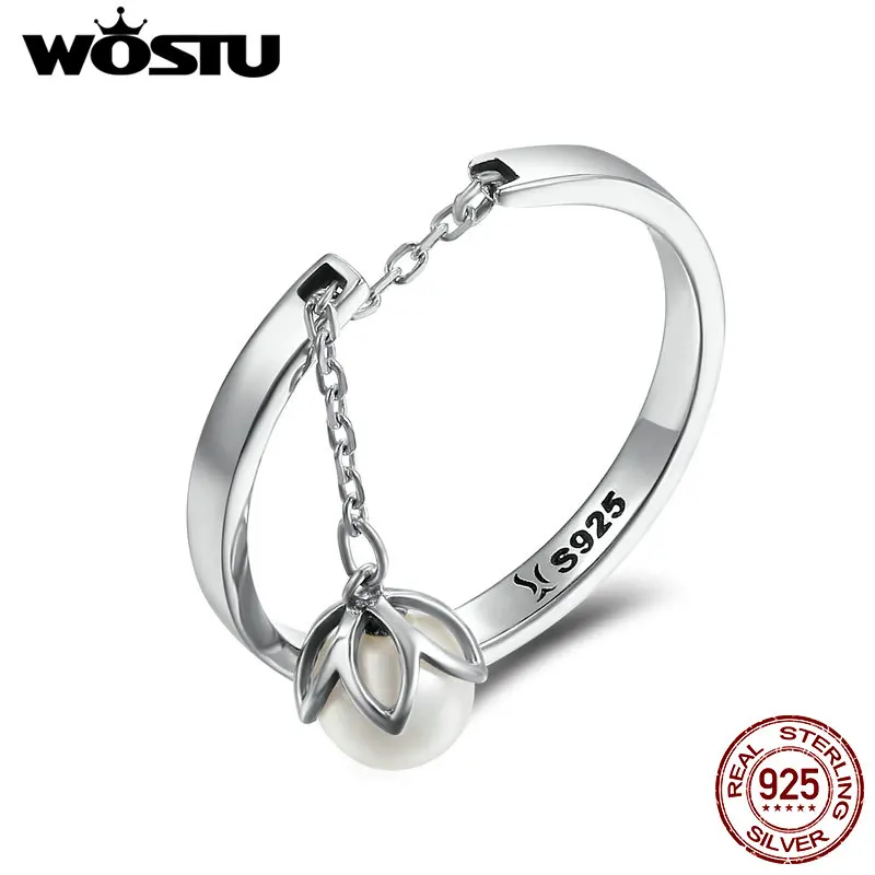 WOSTU Real 925 Sterling Silver Black White Pearl Chain Opening Rings For Women Flower Tears Link Ring Wedding Party Jewelry Gift