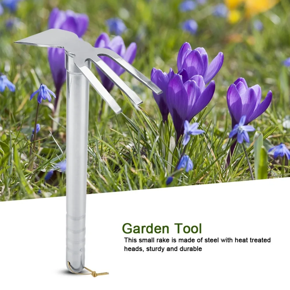 Practical Stainless Steel Mini Rake Multifunction Rust Proof Hand Tiller Silver Bend Proof Garden Hoe