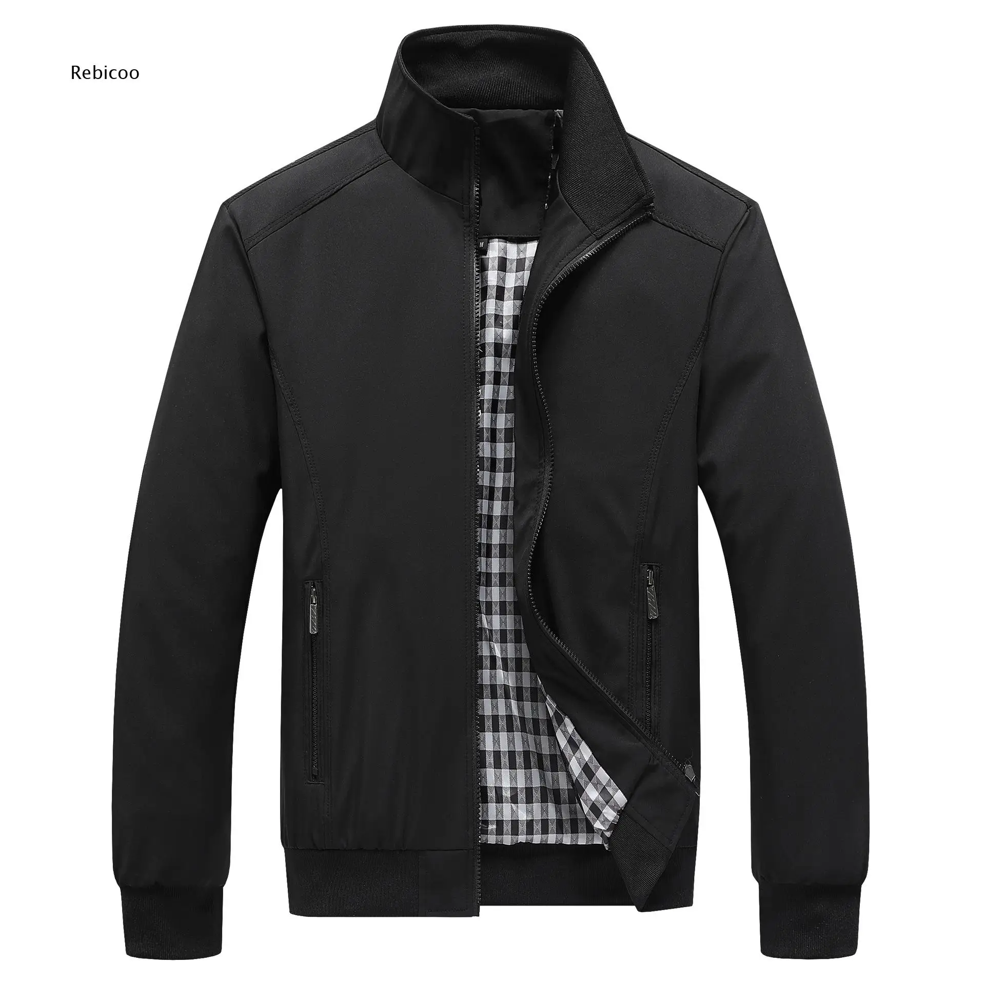 Mens Outer Coat With Stand Collar Plaid Lining And Secure Zipper Pockets For Everyday Casual Looks And Short Distance Trips