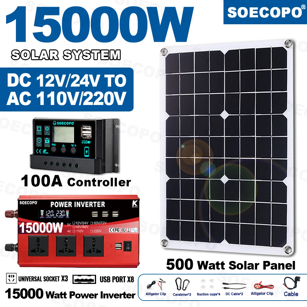

SOECOPO 15000W Complete Solar System Kit: for Home 500W Panel Inverter (3 sockets 8 USB ports) 12V/24V 100A Controller Camping