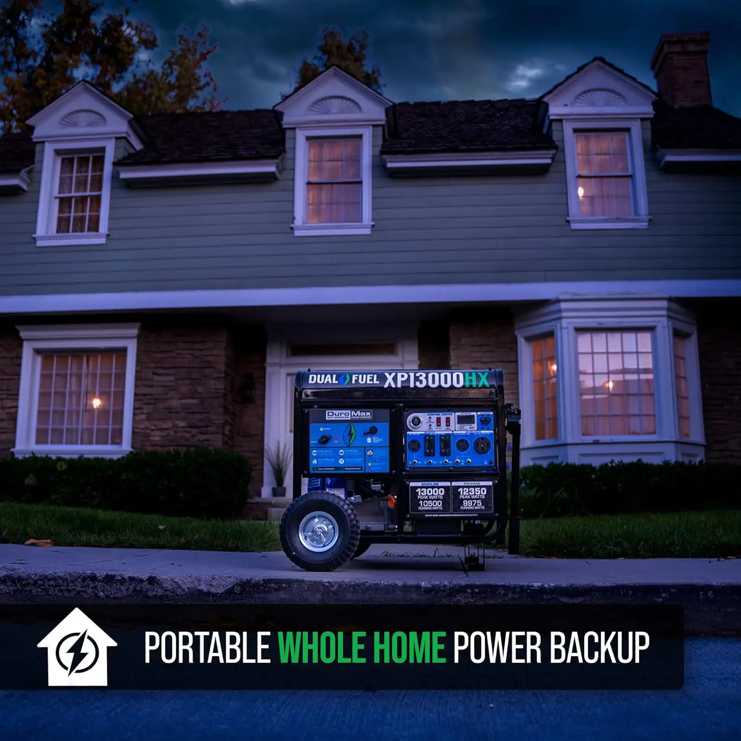 XP13000HX Dual Fuel Portable Generator 13000 Watt Gas or Propane Powered Electric Start w/ CO Alert 50 State Approved Blue