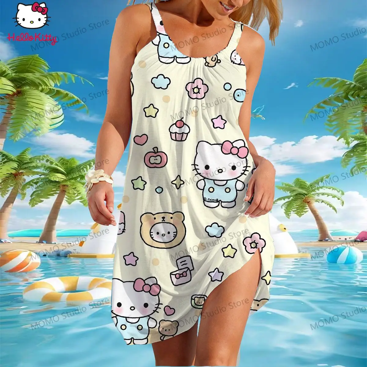 Women's Beach Dresses Hello Kitty Kawaii Y2k Summer Sling Boho Sanrio S-3XL 2024 New Elegant Youth Casual Sexy