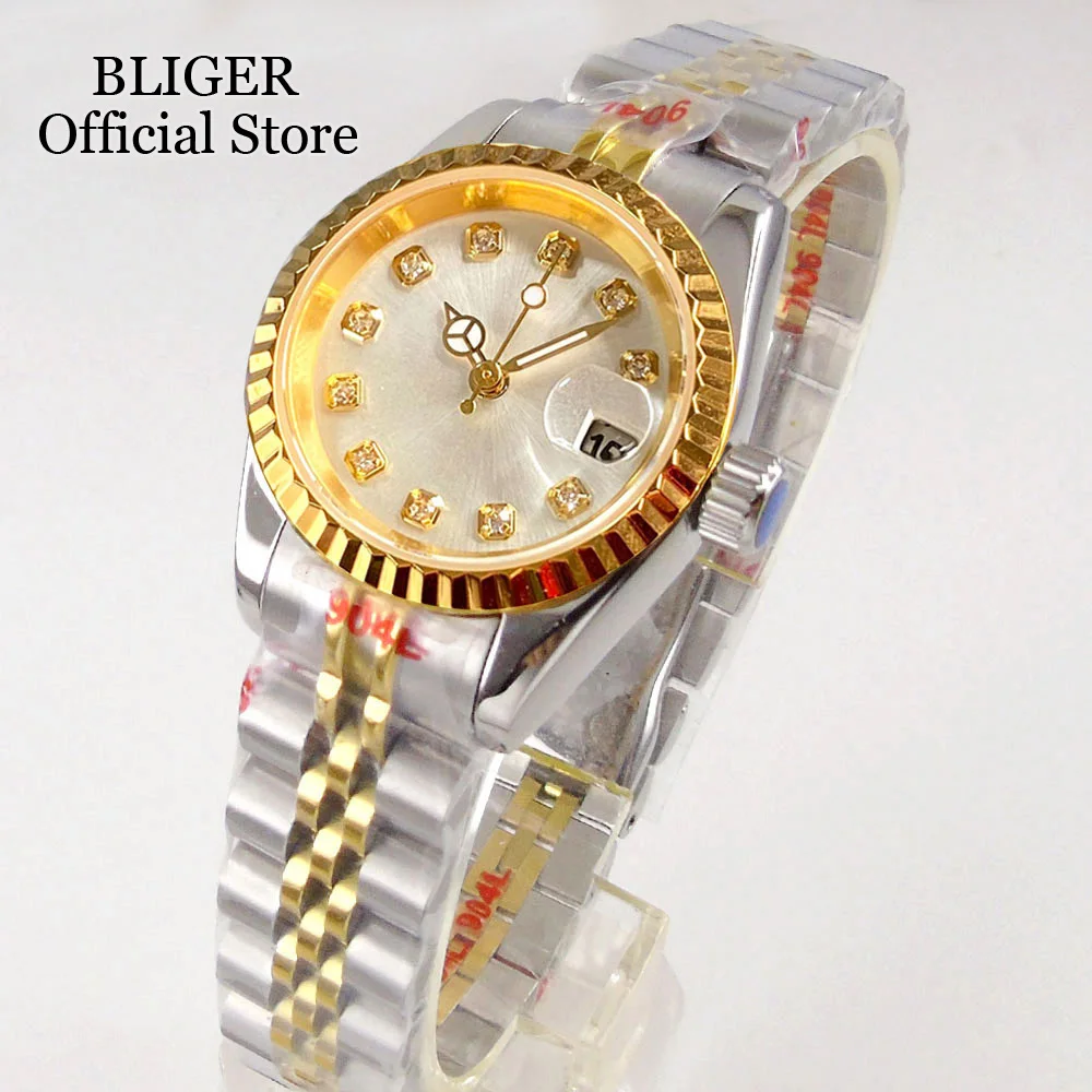 BLIGER Diamond Index 26mm NH05 Automatic Womens Watch Sapphire Glass Two Tone Gold Silver Dial Steel Bracelet Ladies Watch