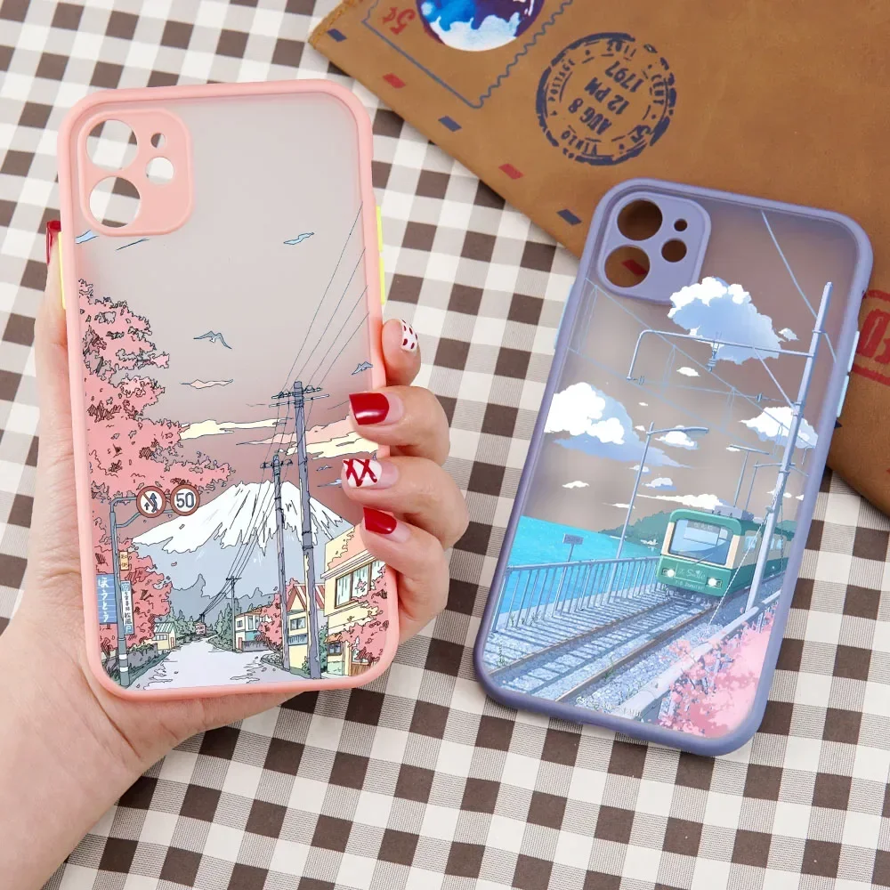 Cartoon Landscape Phone Case For iPhone 16 13 15 11 12 14 Pro Max 13Mini 15 Plus SE X XR Matte Clear Scenery Covers Fundas Skin