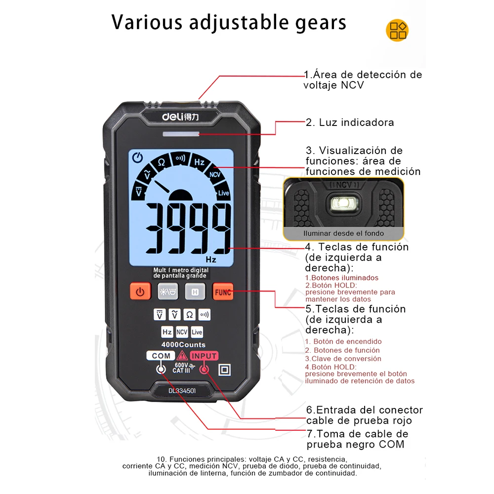 Deli 600V Digital Multimeter AC/DC Votage Current True RMS Automatic Tester 3999 Counts 40m Ohm Ammeter Handheld Multimetro