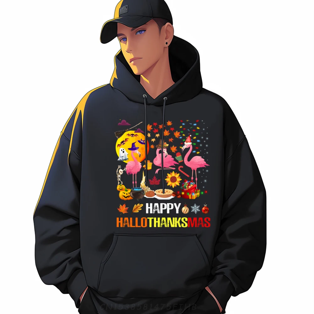 

Happy Hallothanksmas Flamingo Halloween Thanksgiving Xmas Plus Size Men Clothing Autumn Camisetas De Hombre Tops Hoodies Funny