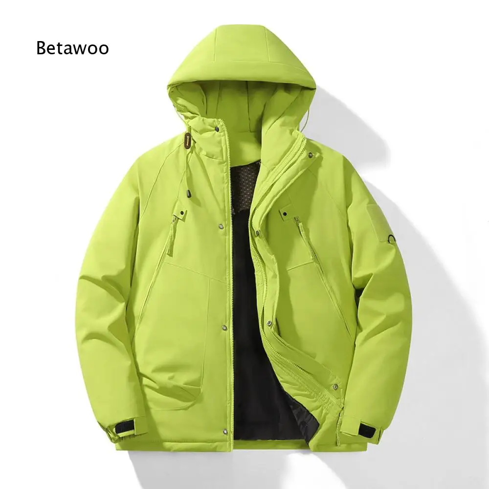 Men Loose Fit Hooded Winter Puffer Jacket Full Zip Snap Closure Multi Side Pockets Adjustable Drawstring Cuffs Outer Garment