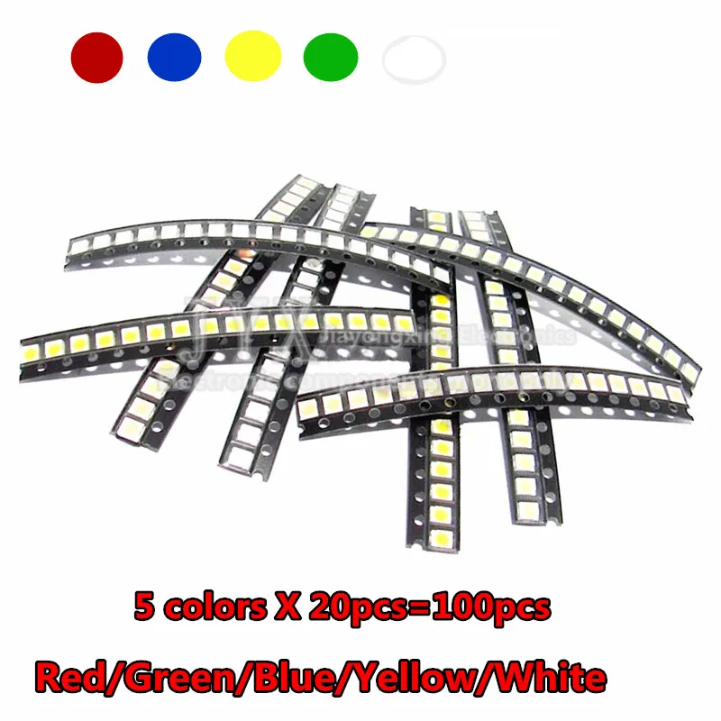 5Values * 20pcs=100PCS  Bright 3528 1210 SMD LED Kit Red/Green/Blue/Yellow/White  Each LED Diode 3.5*2.8*1.9mm