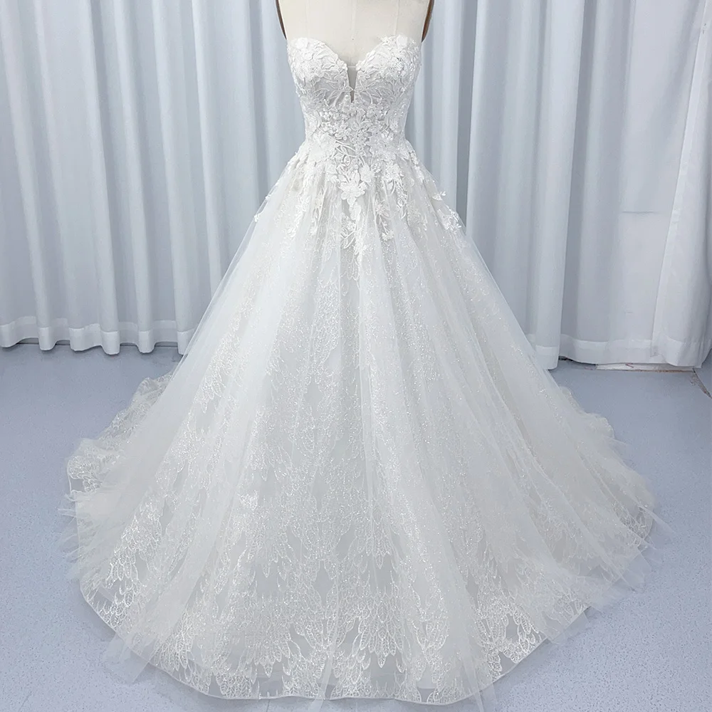 Simple Strapless Wedding Dresses A-line Backless Long Evening Gowns White Lace Brushstroke Trailing Dresses vestidos de novia