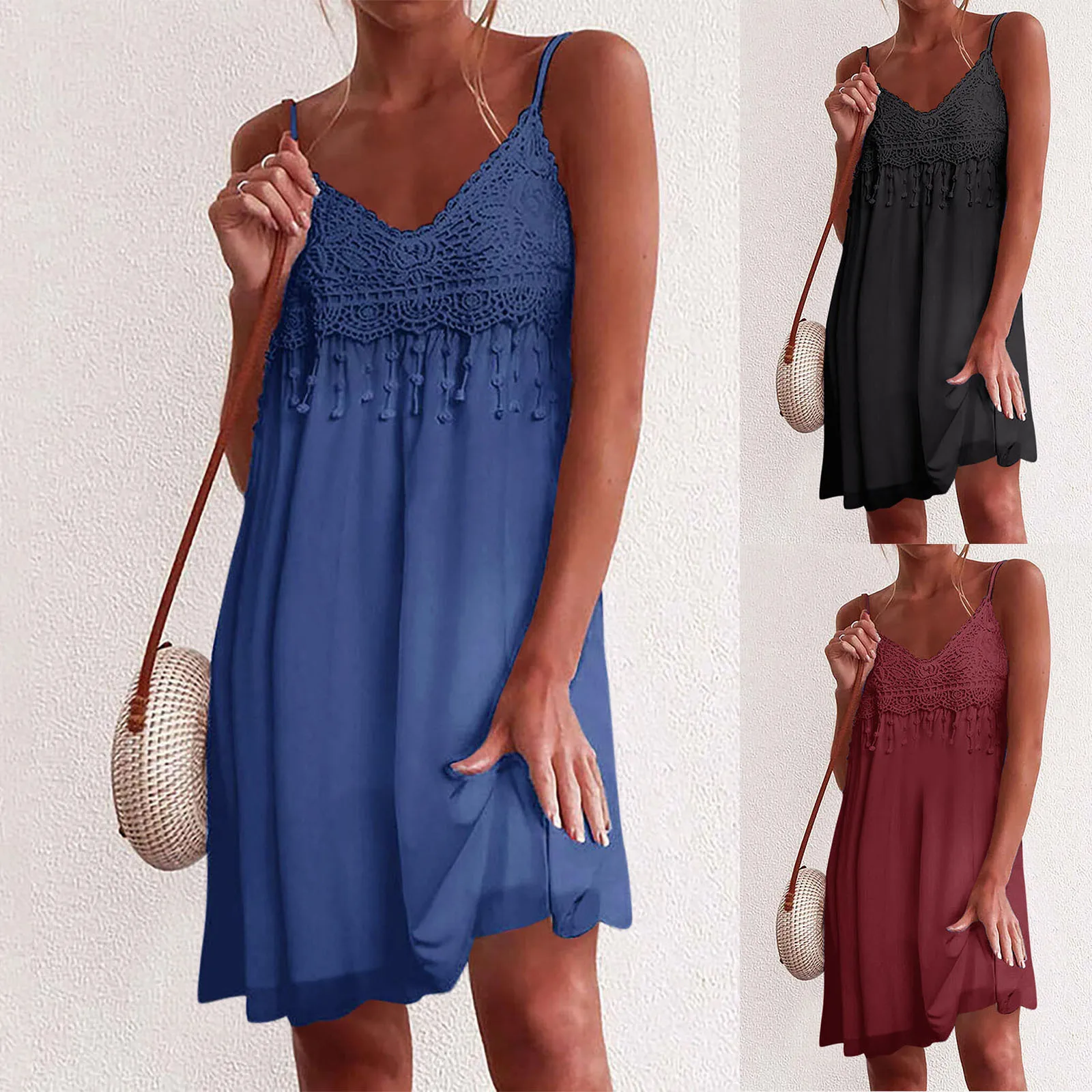 

Women Sexy Sleeveless Mini Dress Summer Casual Loose Lace Patchwork Beach Dresses Vintage Fashion Elegant Spaghetti Strap Dress
