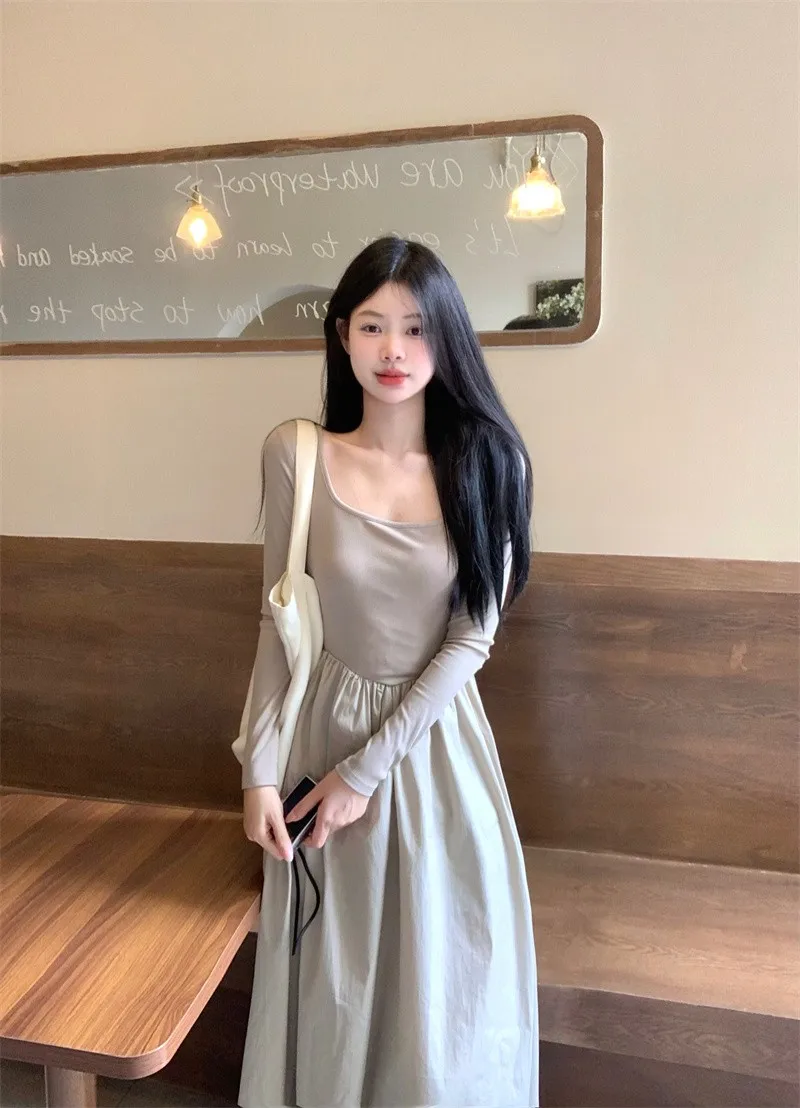 긴 소매 여성용 드레스 가을 봄 실크 시스루 투명 비대칭 크롭 웨이스트 타이트