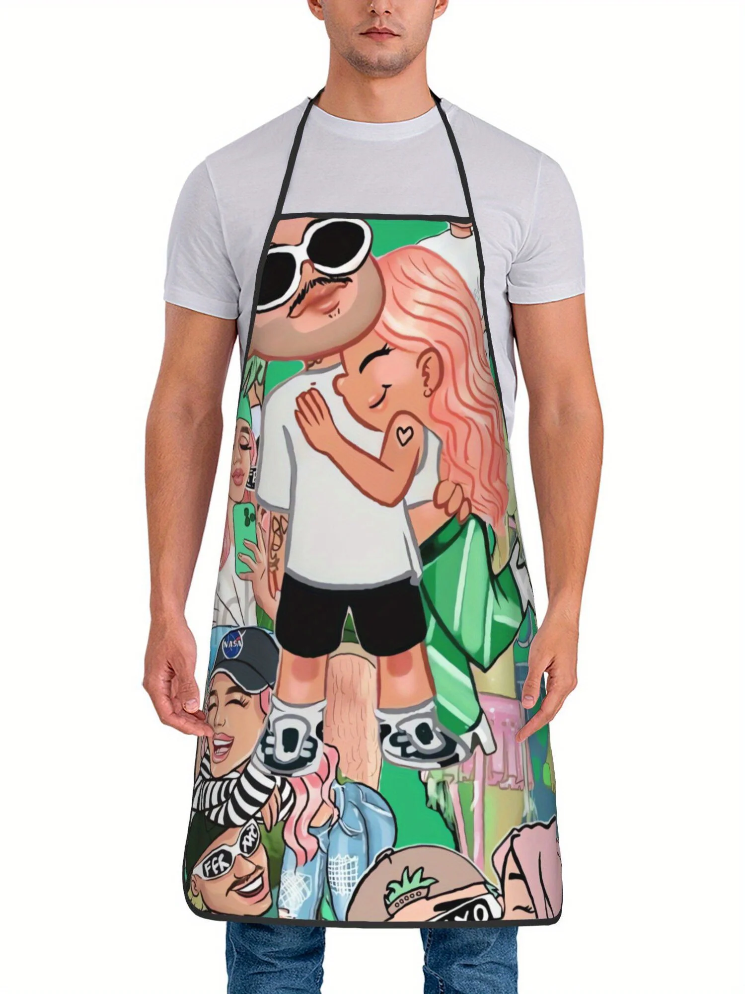 Trendy Cartoon Couple Collage All Over Print Waterproof Cooking Apron For Young People Backyard BBQ Home Kitchen Decor Gift