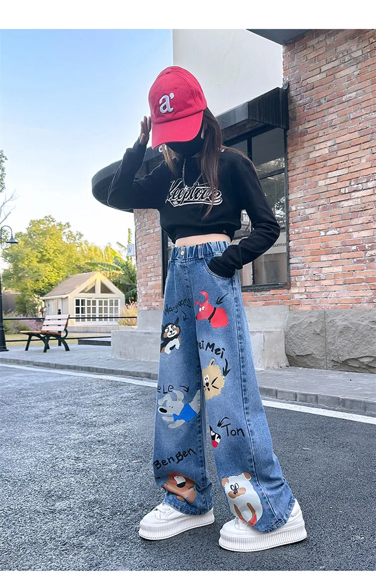 Heißer Verkauf: Blaue Jeans für Teenager-Mädchen mit Cartoon-Print, elastischem Mittelbund, lockerer Passform, Frühlingsmode, niedliche Kinderhose mit weitem Bein. – Detail 5