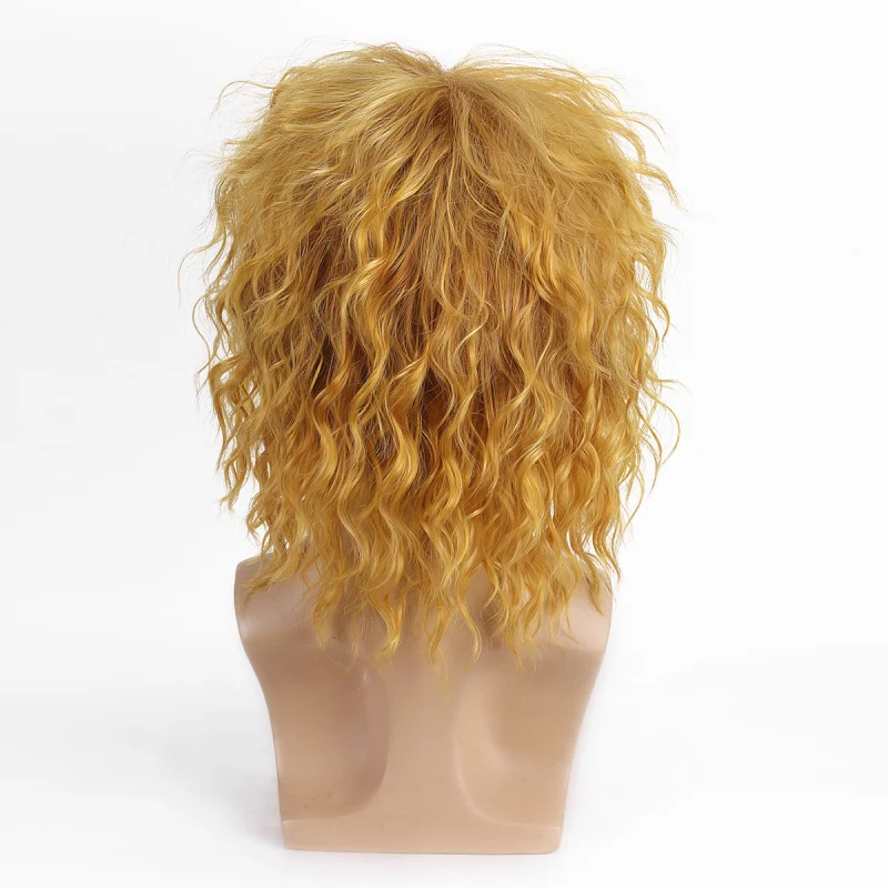 Short blonde curly mullet style, golden-brown with dark roots, 70s 80s rock wig