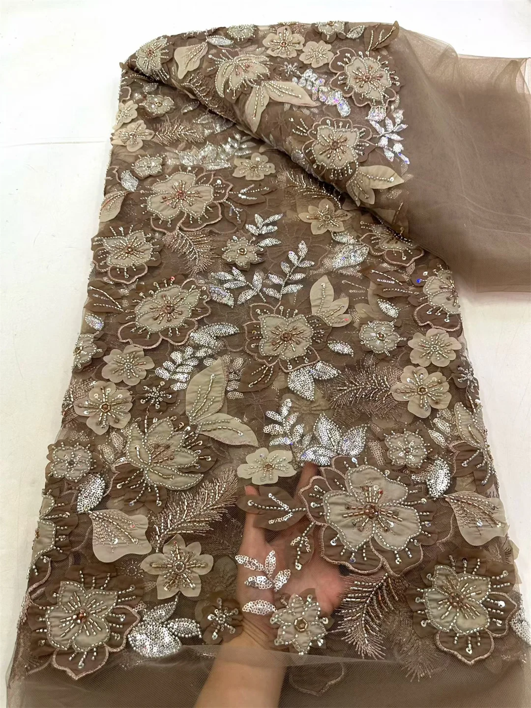 African Beaded Lace Fabric High-Quality Nigerian Sequined Wedding Dress Material Suitable for Sewing Elegant Dress Bridal Gowns