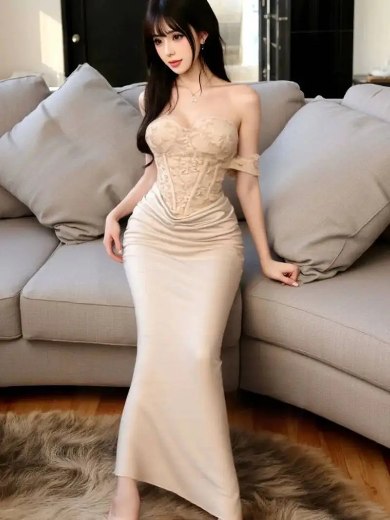 サテンパッチワークエレガントトランペットドレス女性用オフショルダーヴィンテージ服レディース誕生日パーティーシックなベスティドスボディコン