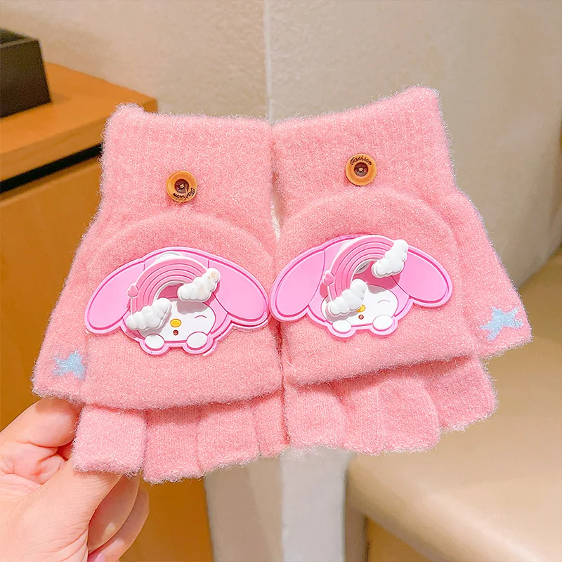 Sanrio Melodie warme Handschuhe neue Kinder handschuhe Jungen und Mädchen Winter klasse Halb finger Flip Cartoon Schule schreiben warme Handschuhe