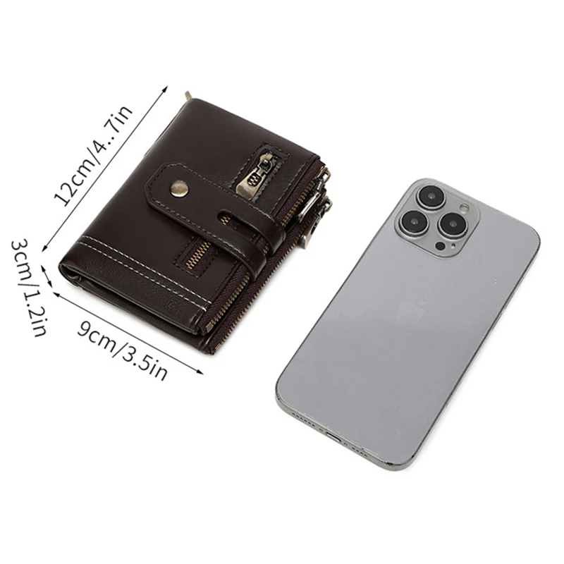 Dompet Pria Vintage Anti-RFID, Tempat Kartu, Dompet Lipat Anti Maling dengan Rantai, Tiga Kantong Resleting untuk Uang Koin