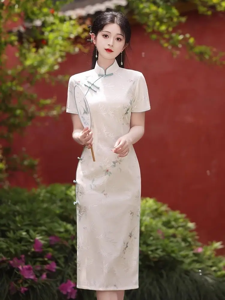 

White Cheongsam 2025 New Retro Chinese Style Printing Elegant Young Girl Daily Improvement Summer Qipao Dress