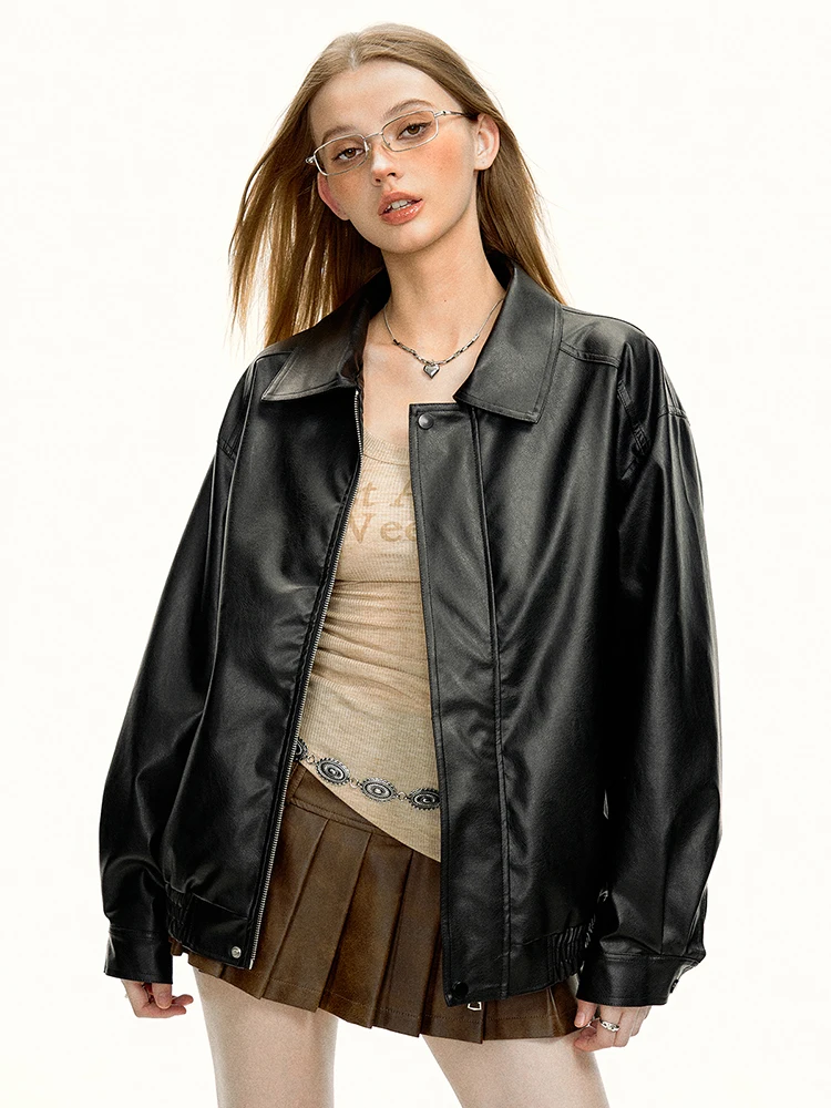

Leather jacket women's solid color retro high-end American retro spring new lapel loose fashion versatile single zipper leisure