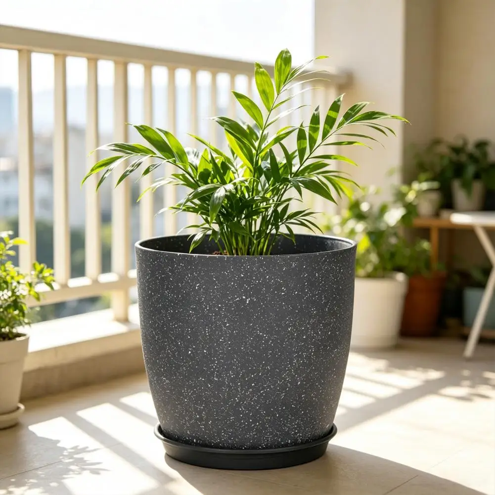 Minimalist Flower Pots for Balcony Modern Stone-look Plant Pot with Saucer Gray Flower Planter with Drainage Holes Indoor