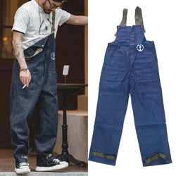 Retro Military Style Naval Casual Deck Overalls Dungaree In Blue Spring  Autumn Wash Denim Red Ear Straight Tube Denim Pants 2XL