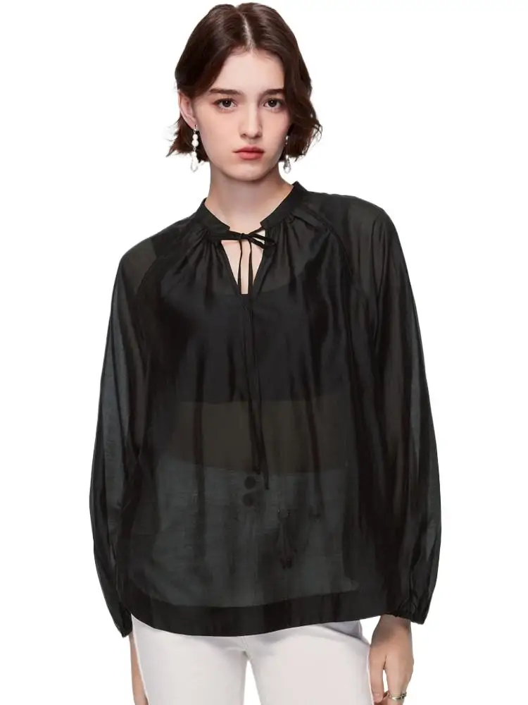 

Fashion Chic women lace up lightweight Artificial silk shirt sexy Transparent black white Lyocell blouse big size tops 6XL 7XL