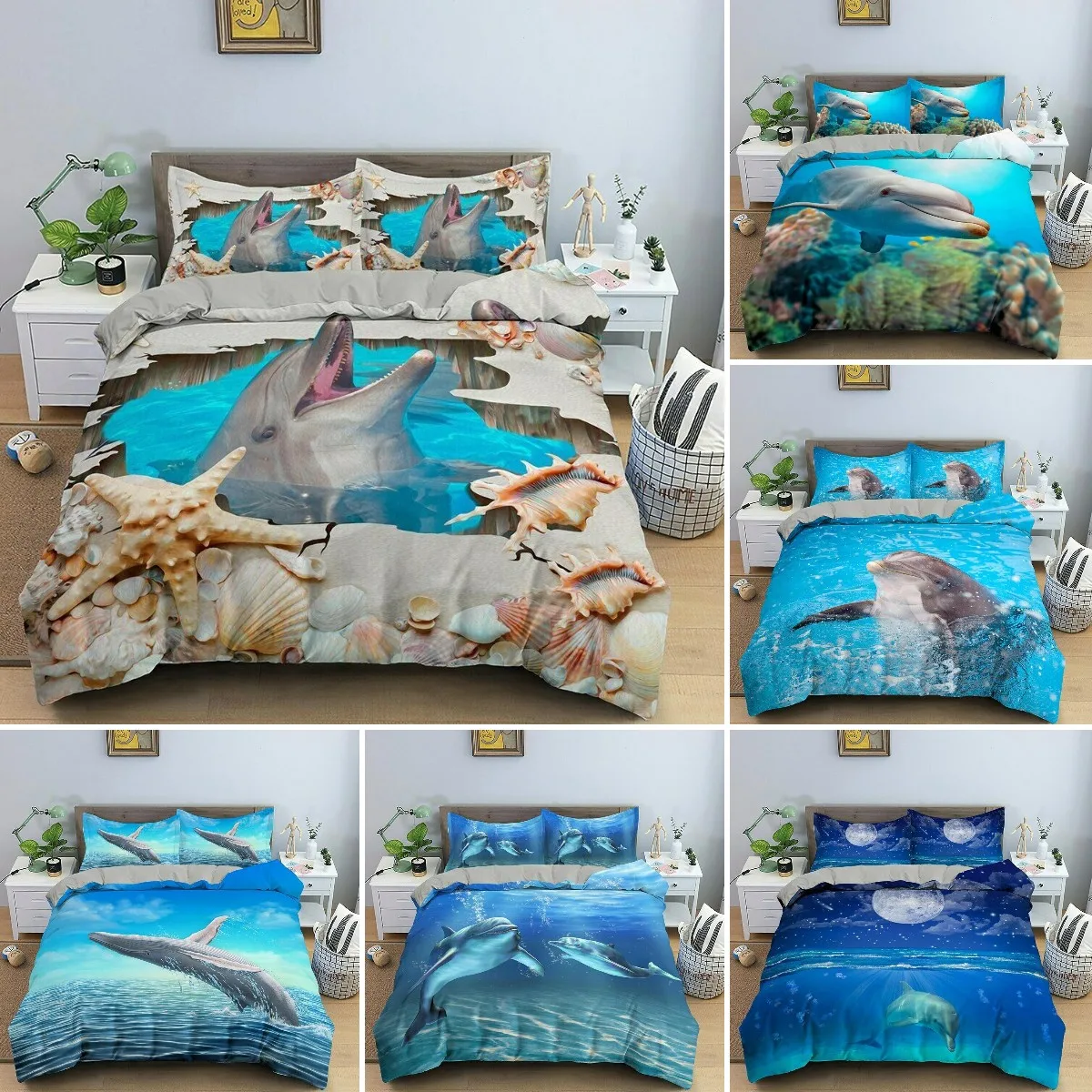 

Twin - Sized Kids Duvet Cover in Mediterranean Style. Ocean - themed with Dolphins. Ideal for kids' room decor