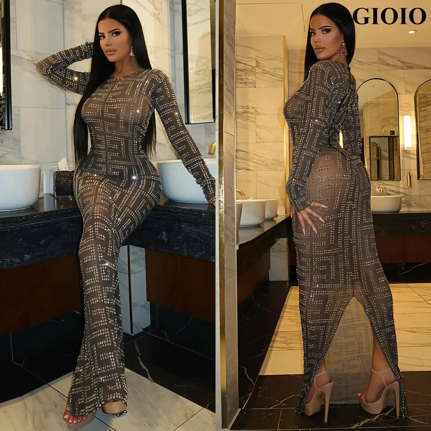 GIOIO Autumn Women Fashion Sexy Mesh Zipper Long Sleeve Diamond maxi Dress Elegant Nightclub Party bodycon Dresses vestidos