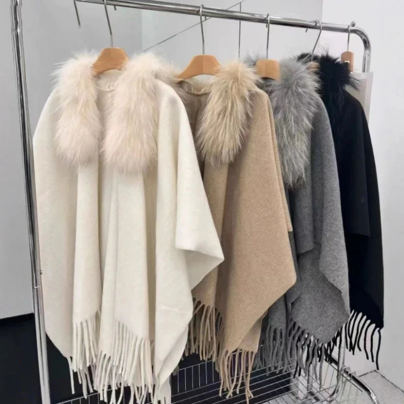 

Winter Clothing Irregular Shawl Cape Coat Women Y2k Fur Patchwork Oversized Outwear Fashion Tassels Korean Jackets Tops Female