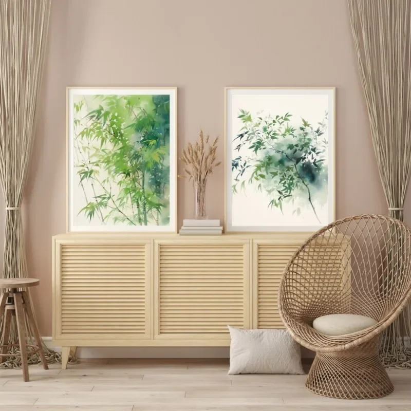 Japanese Watercolor Vibrant Green Leaves Poster Tranquil Minimalist Ink Washes Canvas Painting Wall Art Zen for Room Home Decor