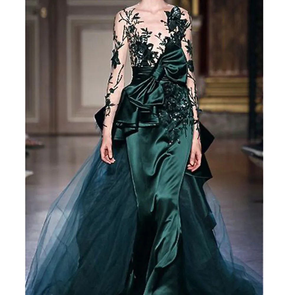 Elegant Green Women Prom Dresses Full Sleeves Floor Length Mermaid Appliques Illusion Pretty Evening Party Banquet Gowns