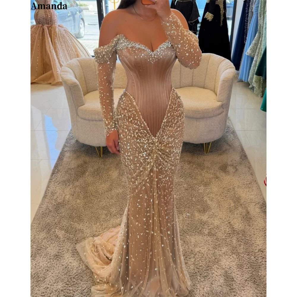 Amanda Customizd Off‑the‑shoulder Sweetheart neck Long sheer sleeves Mermaid Prom dress Rhinestone Glamorous Evening Party dress