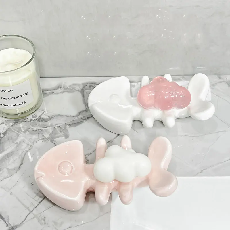 Cute fishbone bathroom soap box ceramic drain washing sink non perforated laundry  box soap holder bathroom accessories