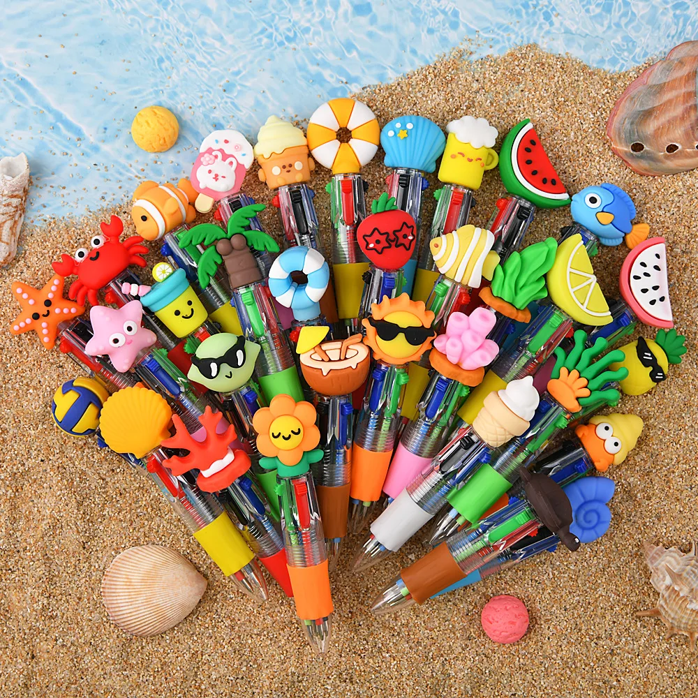 5Pcs Set of Beach Series Cute Four-Color Ballpoint Pens, Cartoon Creative Mini Pocket Pens for Elementary School Students