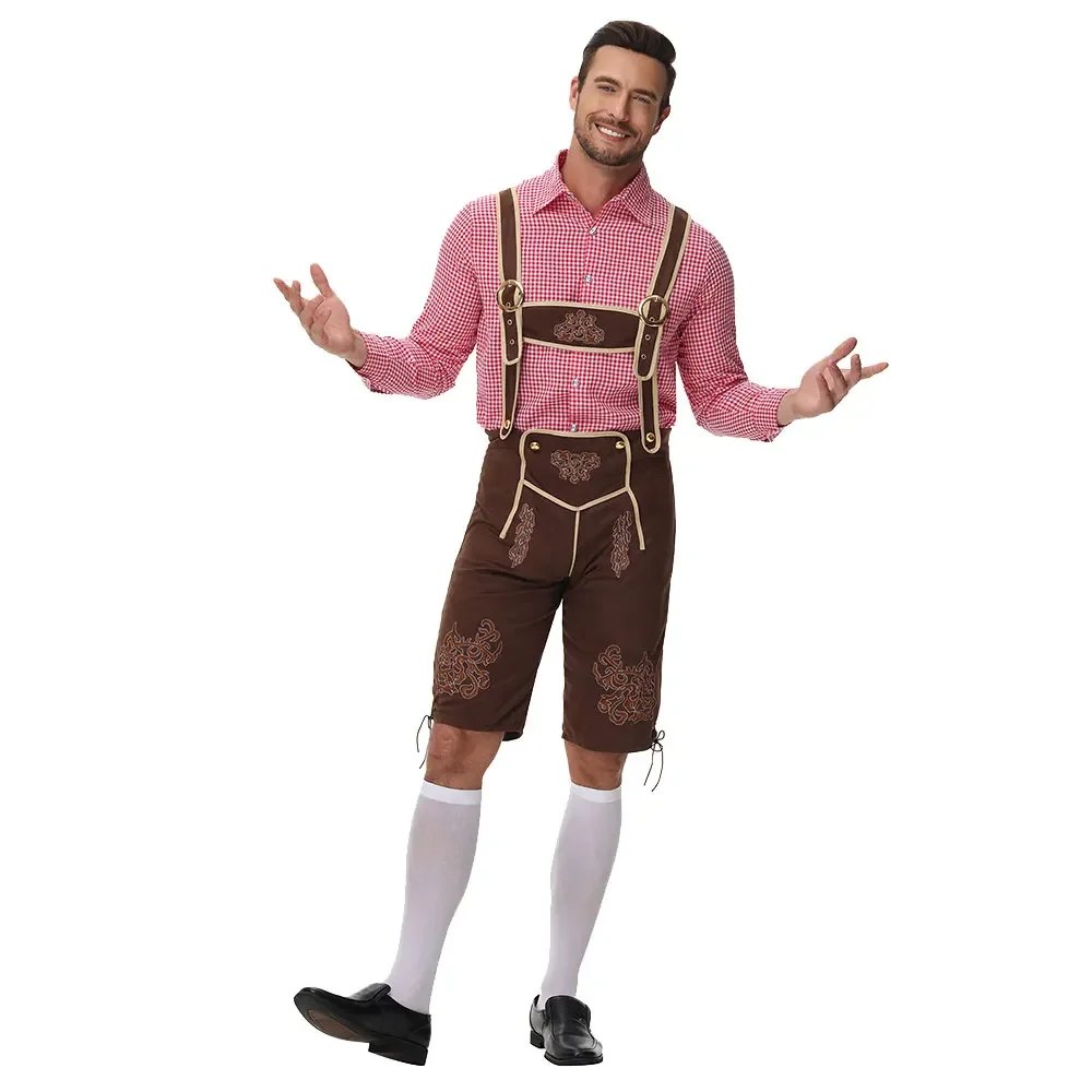 قميص رجالي ذو مربعات لمهرجان البيرة الألمانية وسراويل حامل البيرة مجموعة ملابس بافارية تقليدية زي رقص حديث #4