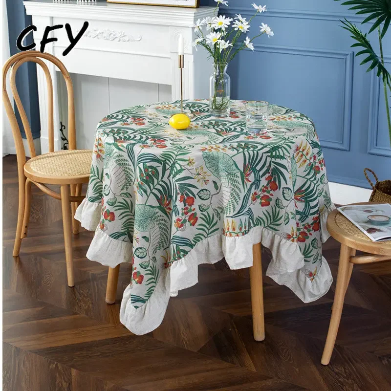 

Pastoral Ruffled RoundTablecloth European Retro Lotus Leaf prints Side Table Cloth Party Table Cover Tablecloth Cloak Mesa Nappe