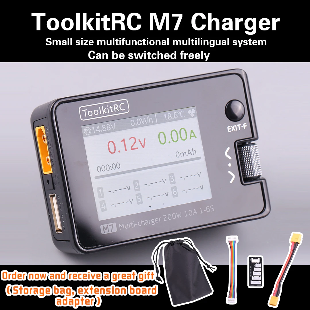 ToolkitRC M7 200W 10A DC Balance Charger Discharger for 1-6S Lipo Battery With Voltage Servo Checker ESC Tester Receiver LCD IPS