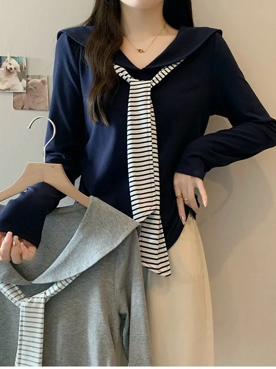 

plus Size Women's Striped Tie Waist Long Sleeve T-shirt Korean Style Office Wear High Waist Design Spring Summer New Fashion