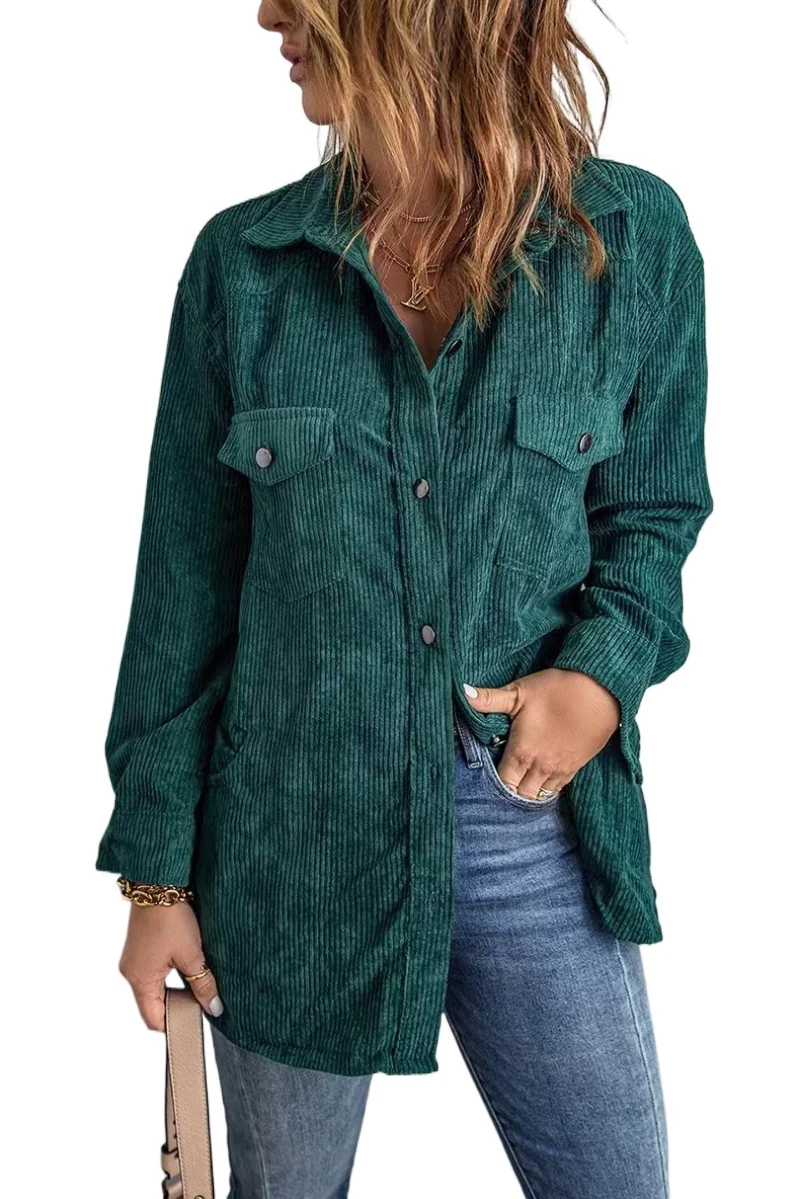 Spring 2025 Retro Corduroy Jackets Women Summer Solid Color Casual Tops Coat Ladies Long Sleeve Lapel Collar Shirts Blouse