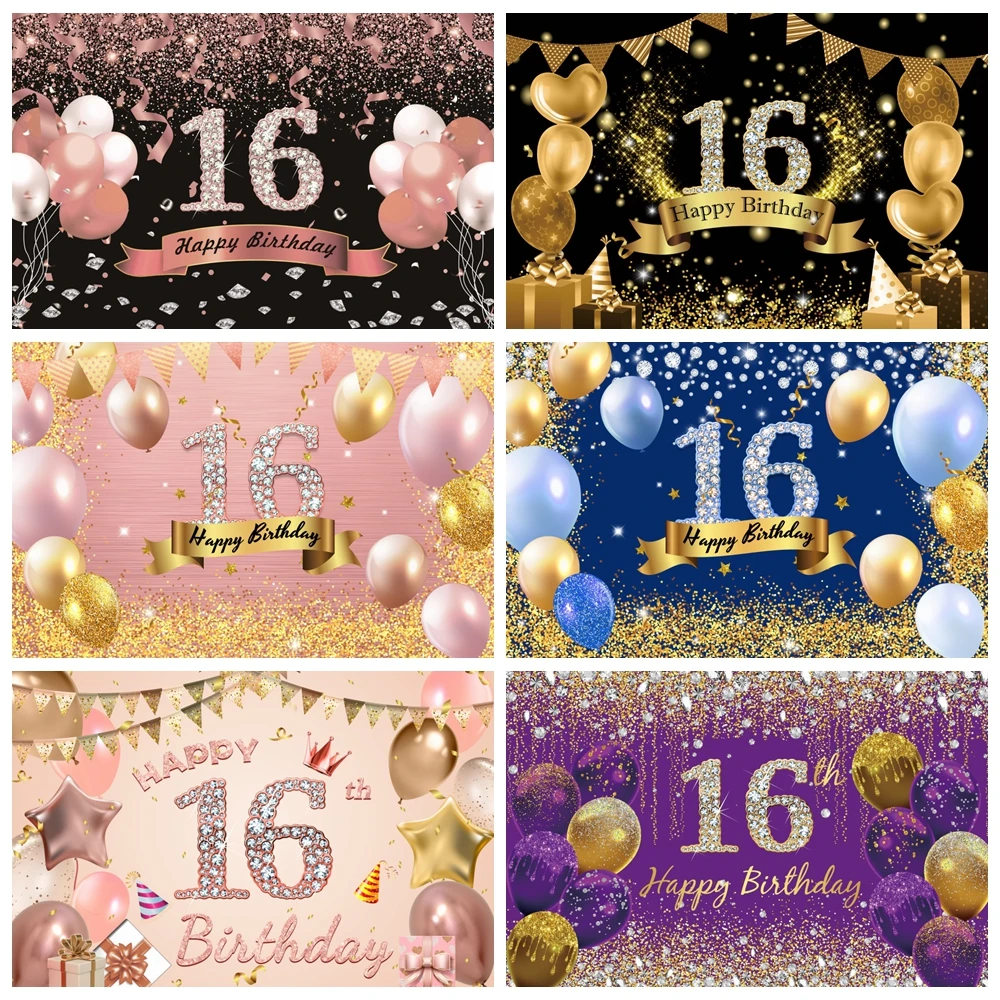 

Girls Sweet 16th Birthday Backdrop Pink Golden Glitter Balloon Diamond Cheers to Sixteen Years Old Party Photography Background