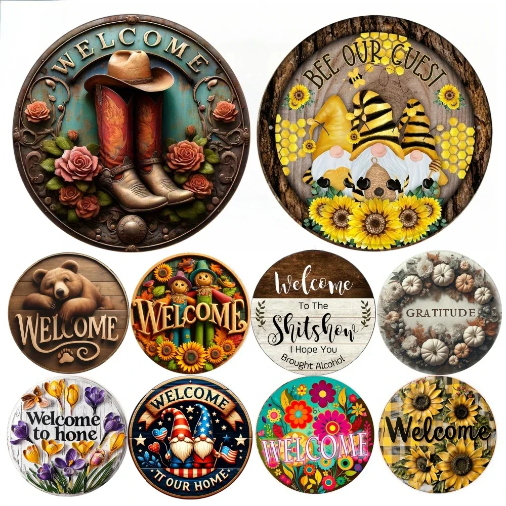 Vintage Willkommens-Thema Runde Metallschilder-Set - Cowboy-Stiefel, Biene, Gartenzwerg, Sonnenblumen-Muster Retro Wanddekoration, Rustikale Kunst für den Eingangsbereich