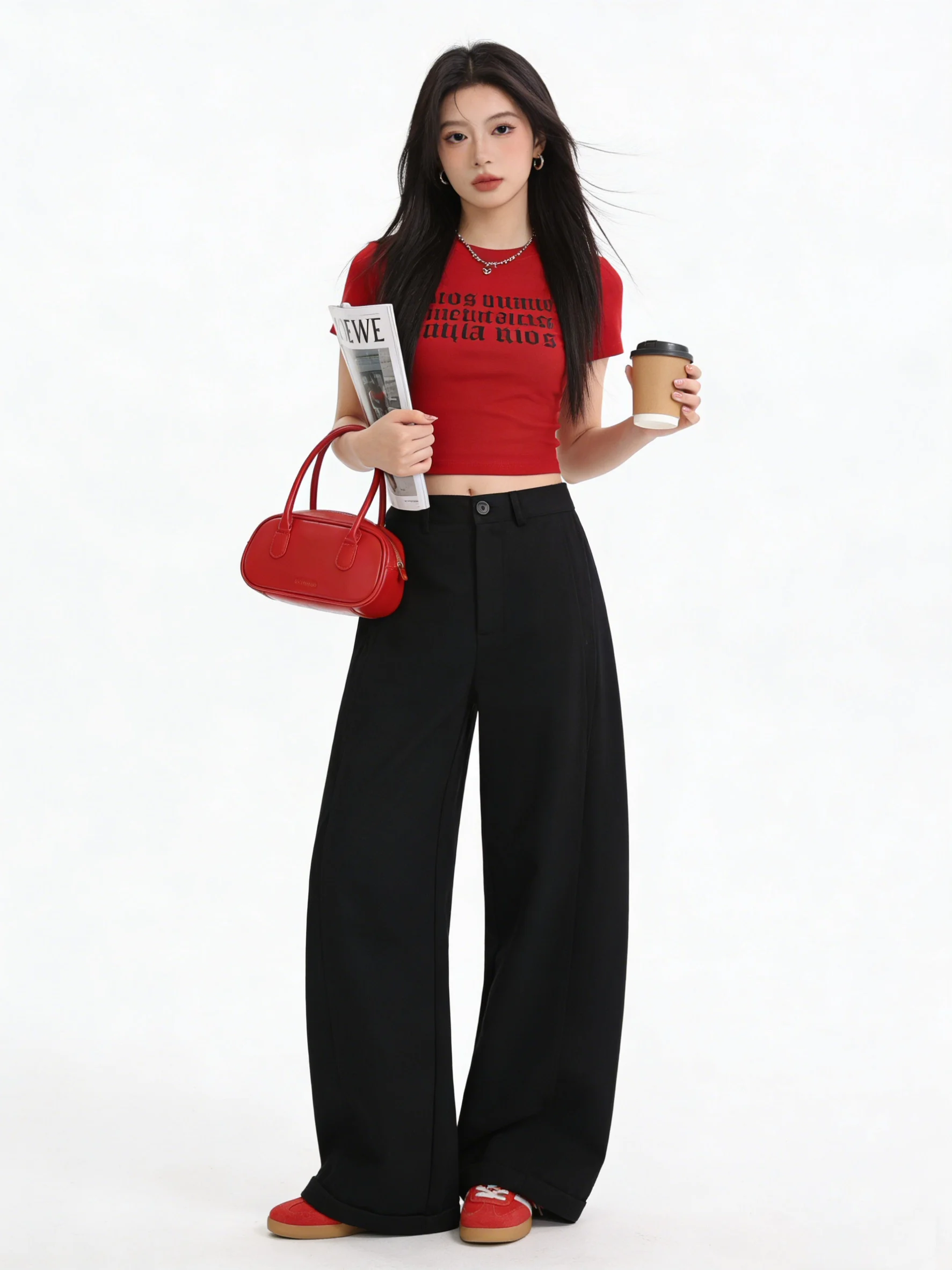 

Женские джинсы с высокой талией и широкими штанинами, однотонные, свободного кроя, стройнящие, струящиеся, в корейском стиле, повседневные, длиной в пол