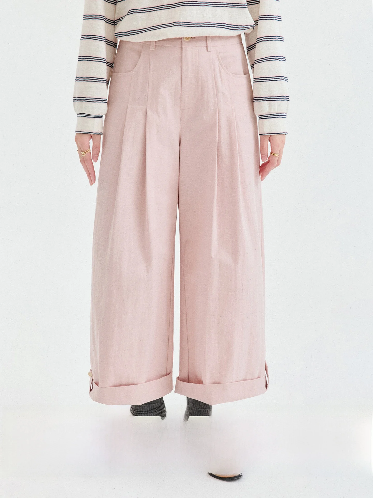 Original AMUU Pink Wide Leg Cuffed Casual Pants Women's High Waist Trousers Korean Style Cotton Blend Lenzing Lyocell Nylon