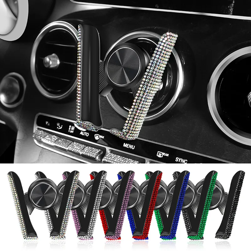 Diamond Car Phone Holder Rhinestone Air Vent Smartphone Holder Android iPhone Phone Clip Car Accessories Interior for Girl Women