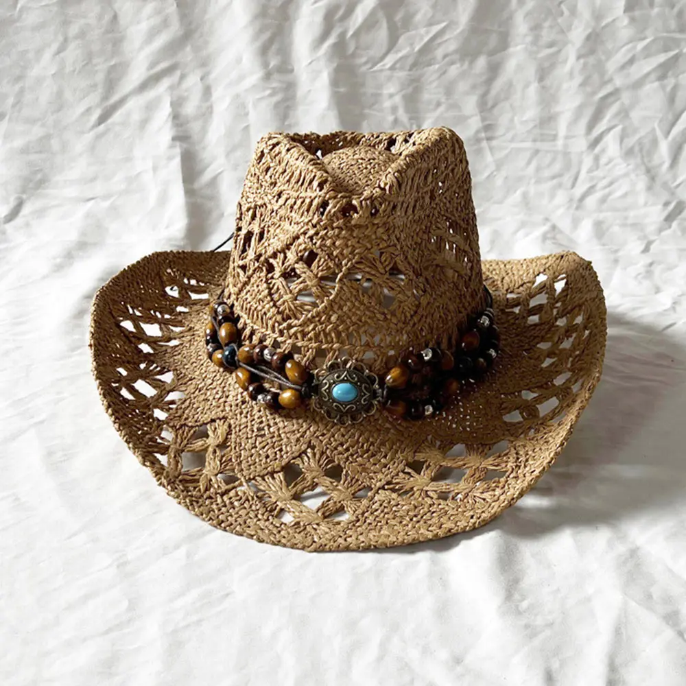 Vintage Summer Beach Bohemian Straw Hat Shell Women Men Western Cowboy Hats Wooden Beads Hollow Out Sun Hat Holiday Cap