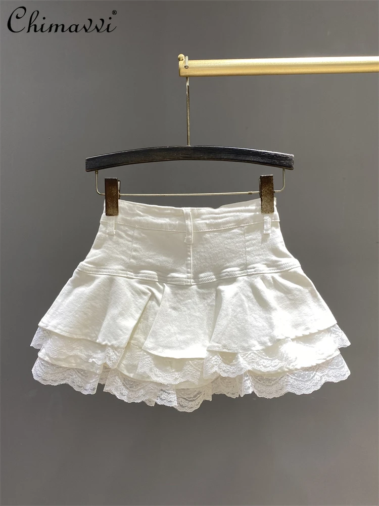 Mn Sweet-Jupe en jean taille haute pour femme, jupe en jean épissée, jupe bouffante en forme de A, bord à volants, épice, printemps et été, nouveau, 2025